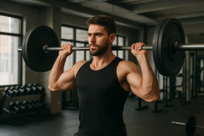 Cómo Aumentar las Hormonas Masculinas: Guía de Testosterona 💪 Un hombre levantando pesas en un gimnasio, ilustrando cómo aumentar la producción de hormonas masculinas a través del ejercicio de fuerza.
