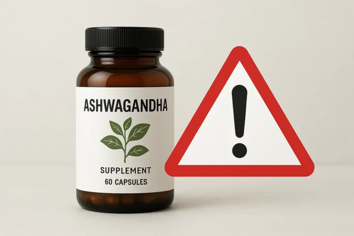 ¿Cuáles son las Contraindicaciones de la Ashwagandha? ⚠️ Guía de Seguridad Un frasco de suplemento de ashwagandha con una señal de advertencia, ilustrando cuáles son las contraindicaciones de la ashwagandha.