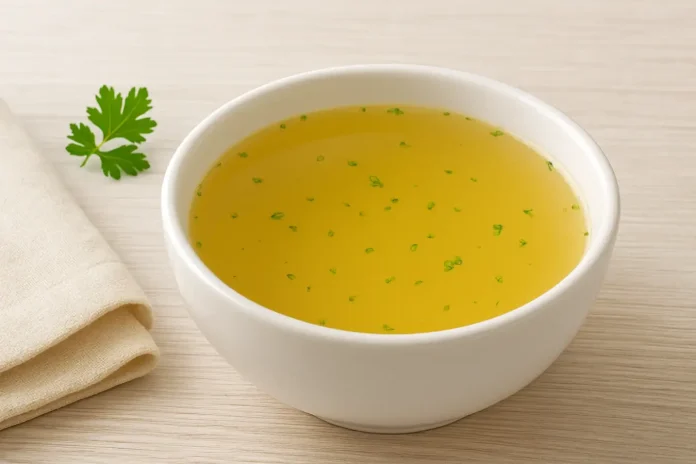 Cómo Desinflamar Divertículos: Dieta para Crisis y Prevención 🥣 Un bol de caldo claro, mostrando la dieta líquida recomendada sobre cómo desinflamar los divertículos durante una crisis.