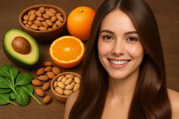 Vitaminas y alimentos que aceleran el crecimiento del cabello Una mujer con cabello largo y sano sonríe junto a un bol de frutas y nueces, ilustrando qué es lo que más acelera el crecimiento del cabello de forma natural.