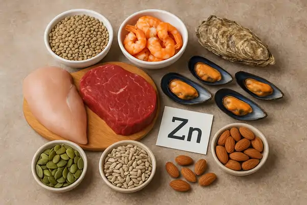 Alimentos para obtener los beneficios de consumir zinc Una selección de alimentos ricos en zinc para ilustrar cuáles son los beneficios de consumir zinc, incluyendo carne, mariscos y semillas.