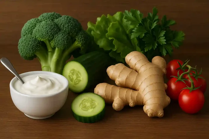 Alimentos y hábitos para mejorar la digestión Una selección de alimentos saludables que muestran cómo mejorar la digestión, incluyendo yogur con probióticos, jengibre y verduras frescas.