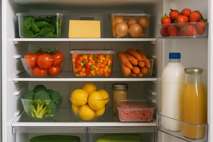 Consejos para reducir el desperdicio de alimentos Un refrigerador bien organizado que muestra cómo reducir el desperdicio de alimentos en casa con un almacenamiento correcto y planificación.