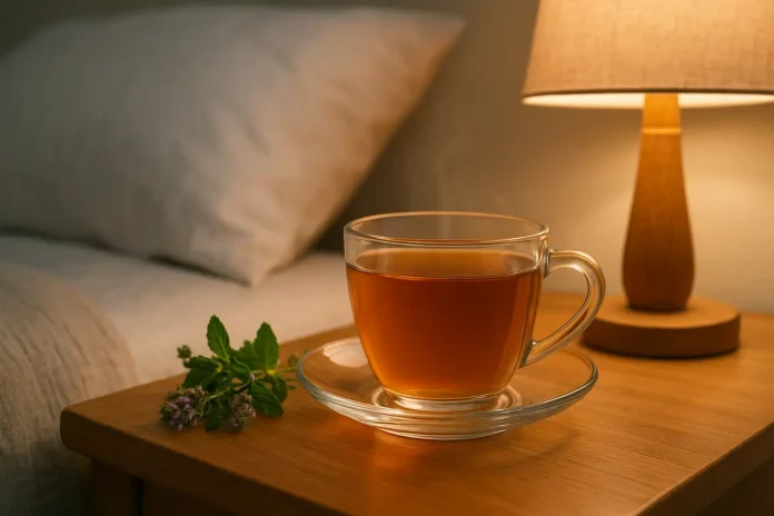 El remedio natural más efectivo para conciliar el sueño Una taza de té de hierbas en una mesita de noche, ilustrando cuál es el remedio natural más efectivo para dormir y combatir el insomnio.