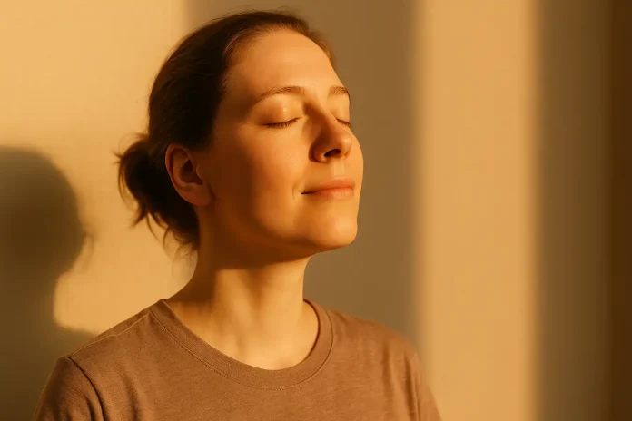 Beneficios de tomar el sol por la mañana Una persona con los ojos cerrados recibiendo la luz del sol matutino en su rostro, ilustrando cuáles son los beneficios de tomar el sol para la salud.