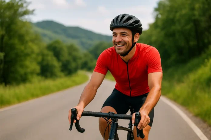 Un ciclista sonriendo mientras pedalea en una carretera rodeada de naturaleza, ilustrando cuáles son los beneficios del ciclismo para la salud.