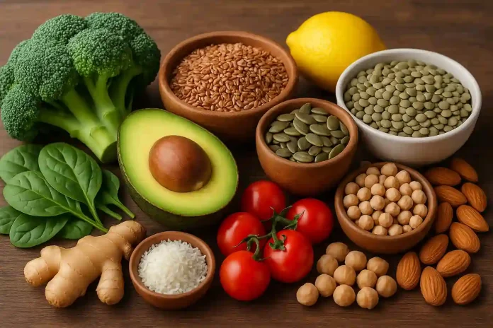 Una selección de alimentos como brócoli y aguacate que ilustran qué es bueno para regular las hormonas y combatir la dominancia estrogénica.