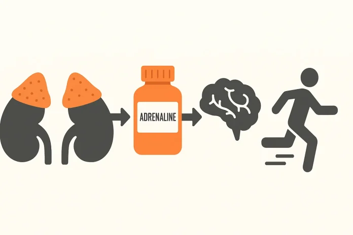 Una ilustración de las glándulas suprarrenales que explica qué es la adrenalina y para qué sirve en la respuesta al estrés del cuerpo.