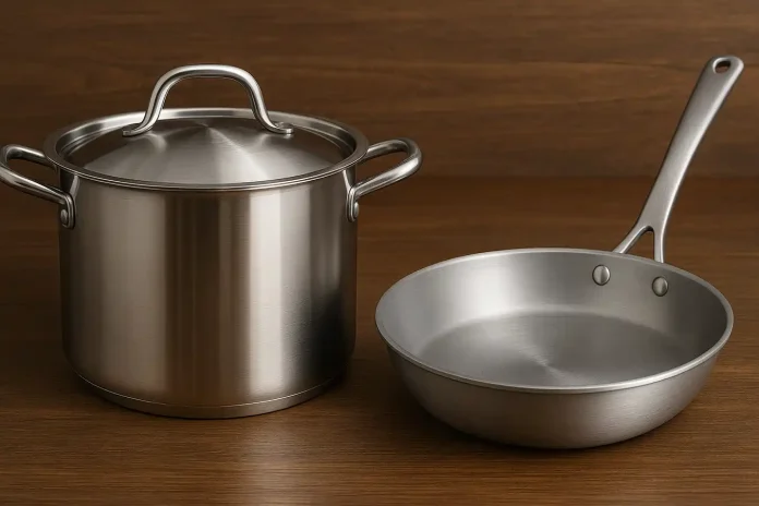 Comparativa: Ollas de Acero Inoxidable vs. Aluminio Una comparativa visual que muestra qué es mejor, acero inoxidable o aluminio en ollas, con una olla de acero brillante y una sartén de aluminio una al lado de la otra.