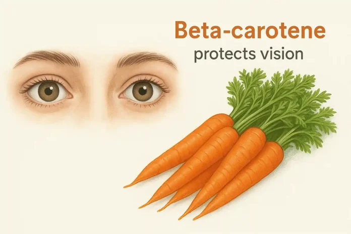 Cómo el betacaroteno de las zanahorias protege los ojos Un par de ojos sanos junto a zanahorias frescas, explicando qué hace el betacaroteno en los ojos para proteger la visión.