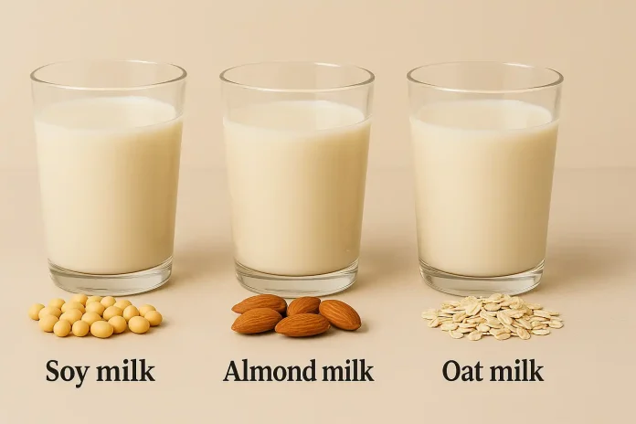 que leaComparativa de las leches vegetales más saludablesche vegetal es mas saludable Una comparativa visual que muestra qué leche vegetal es más saludable, con vasos de leche de soja, almendras y avena uno al lado del otro.