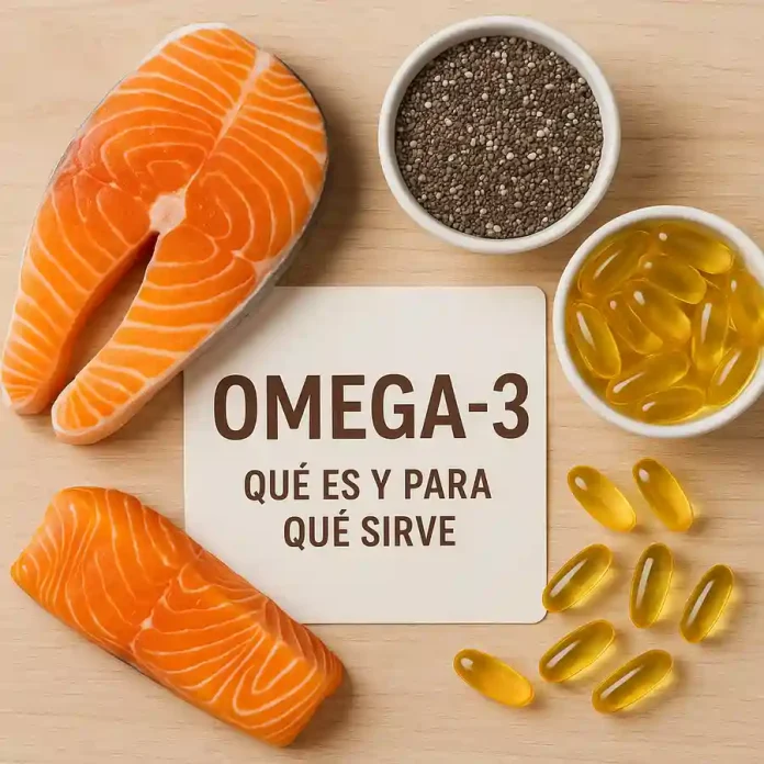 Una selección de alimentos y suplementos que explican qué es el omega-3 y para qué sirve, incluyendo un filete de salmón, semillas de chía y cápsulas de aceite de pescado.